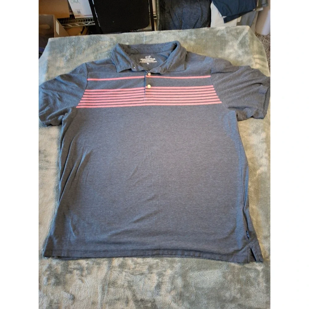 Vineyard Vines Mens Edgartown Polo Shirt Grey Pink Striped XL‎ Pima Cotton Blend